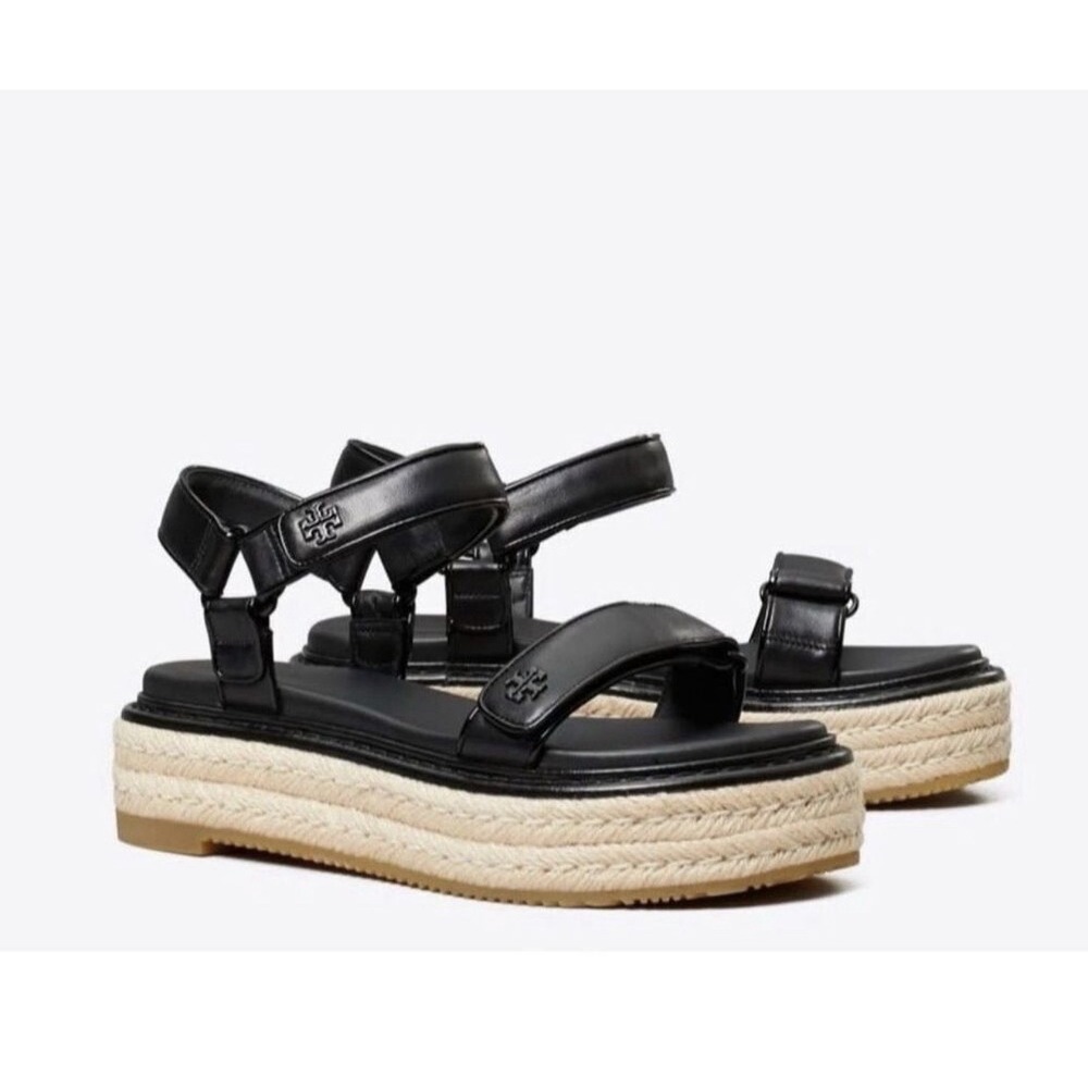 Tory Burch Sz 8.5 Diego Black Leather Sport Espadrille Platform Sandals NEW $328